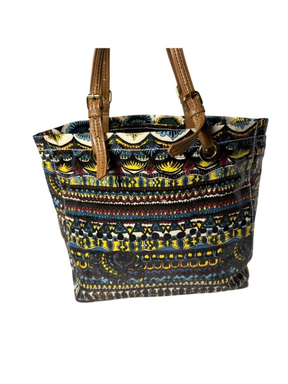 Stack Roots Multicolor Graphics Tote Bag With Brown Handles - Picture 3 of 12